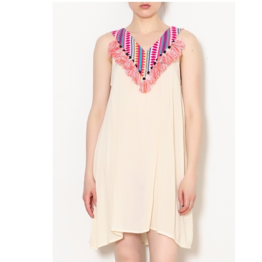 America & Beyond NWT Beige Multicolored Bohemian Tassel Dress